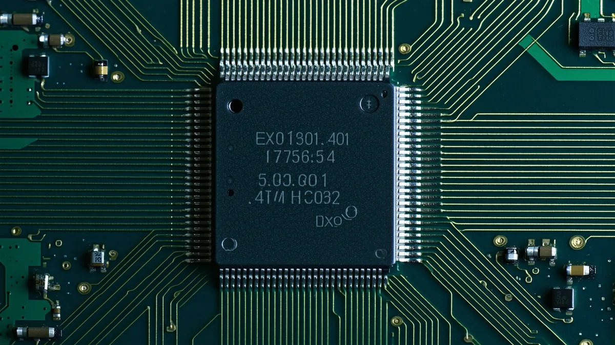 Space-grade processor chip close-up — radiation-hardened semiconductor