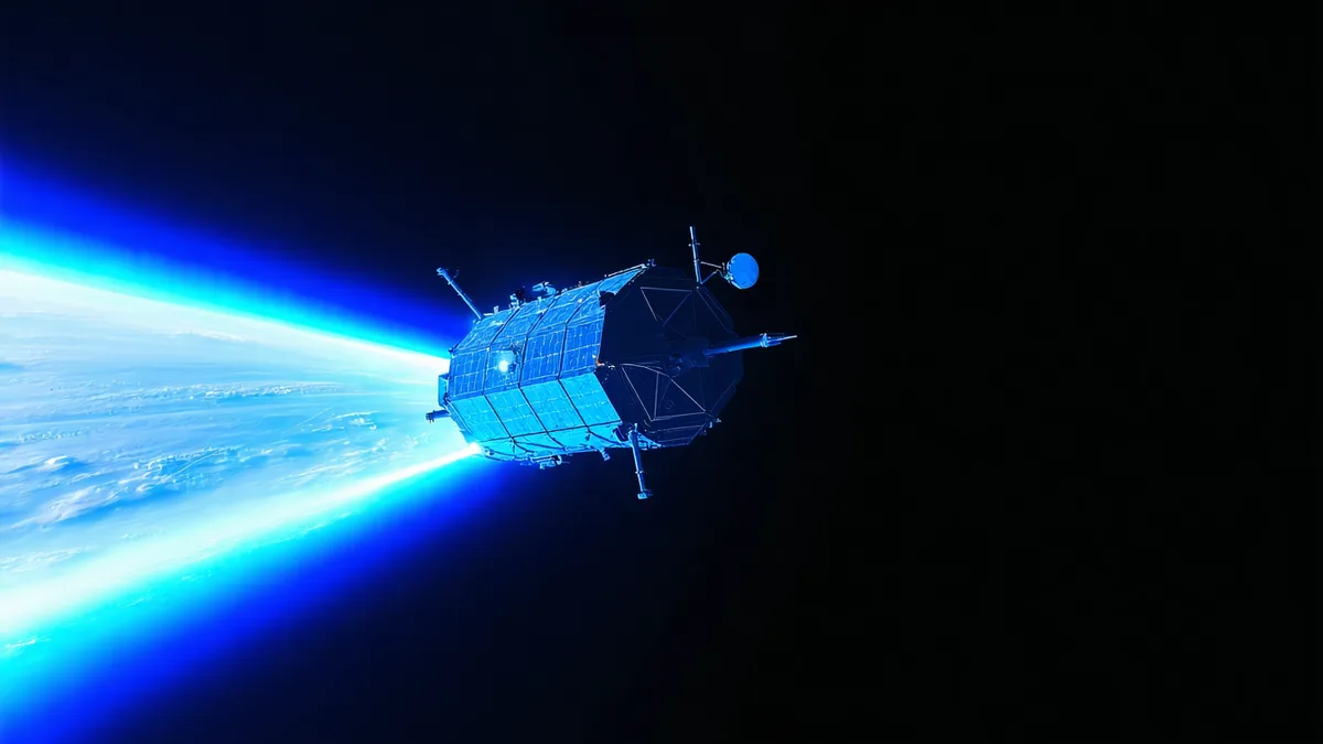 Defense satellite in orbit with sensor visualization concept