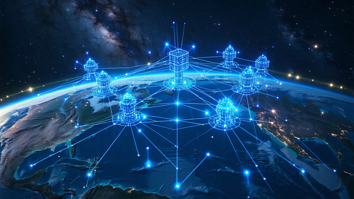 LEO satellite constellation with data network overlay above Earth