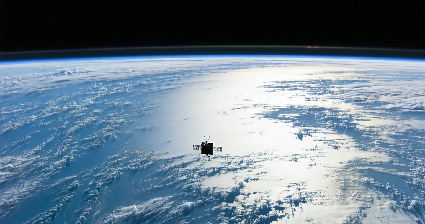 Conceptual view of Earth from low orbit with satellite silhouette in foreground